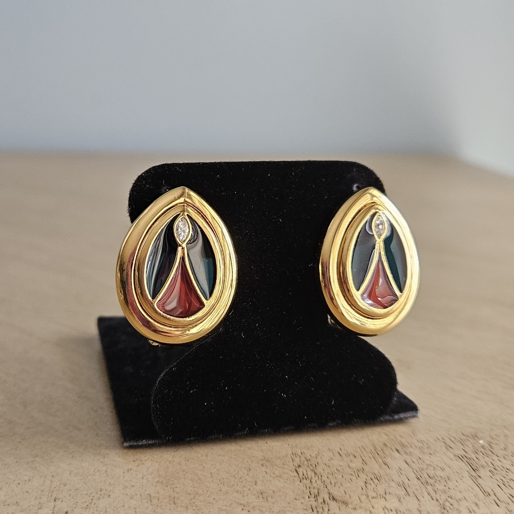 Vintage Joan Rivers Earrings Cathedral Windows Plique A Jour Clip Ons Gold Tone